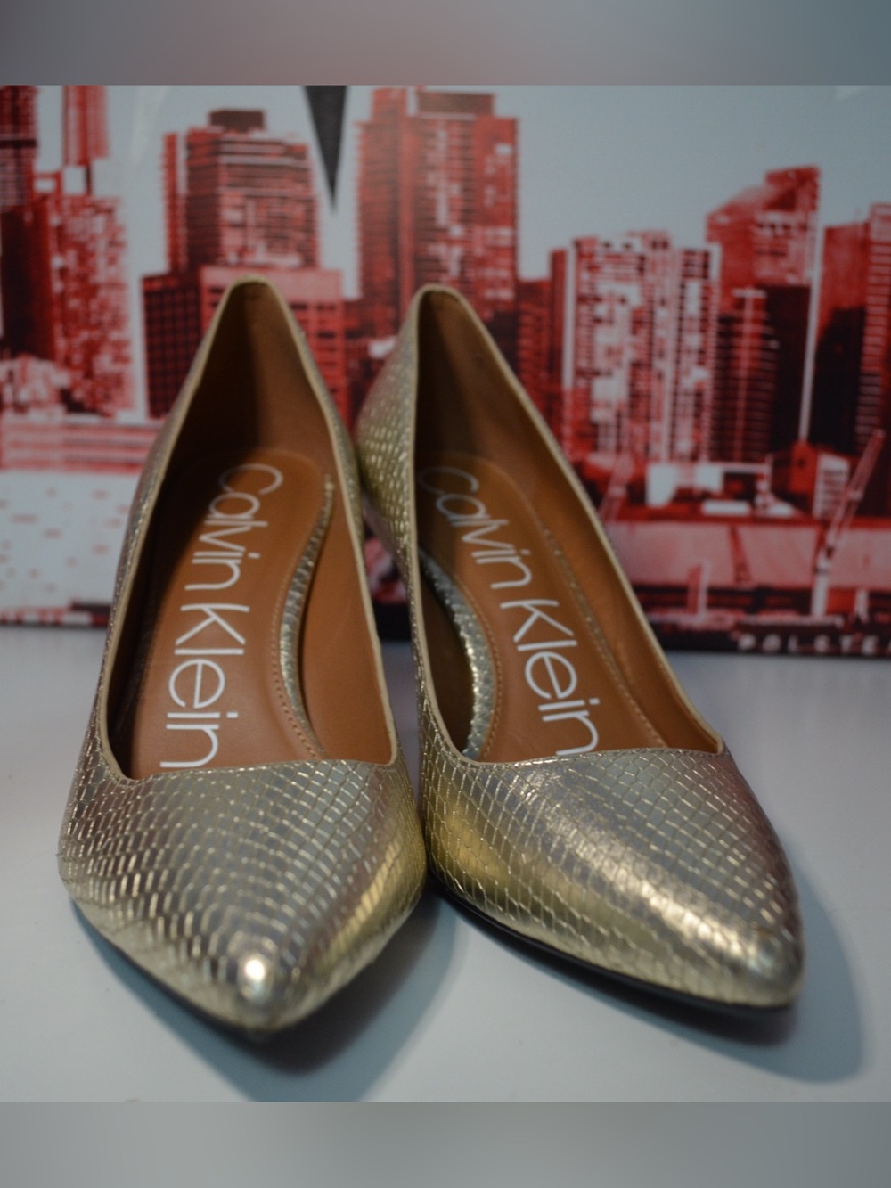 Calvin Klein Metallic Gold Pointed-Toe Heels